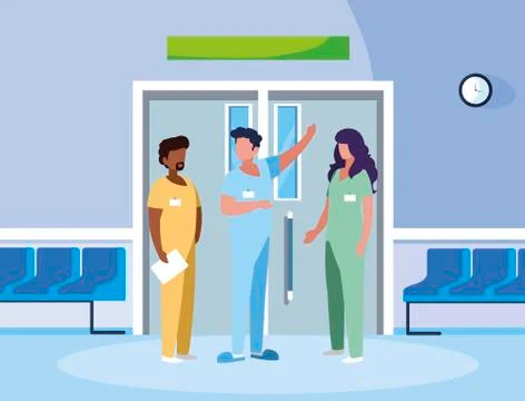 Interracial group medicine workers in elevator door Stockillustratie