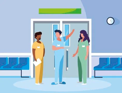 Interracial group medicine workers in elevator door Stockillustratie