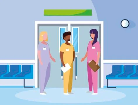 Interracial group medicine workers in elevator door Illustrazione stock