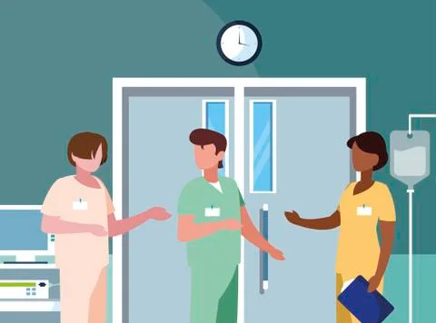 Interracial group medicine workers in operating theater 库存插图