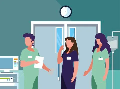 Interracial group medicine workers in operating theater Stock Illustration
