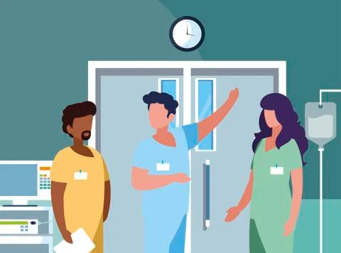 Interracial group medicine workers in operating theater 库存插图