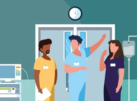 Interracial group medicine workers in operating theater Stock Illustration