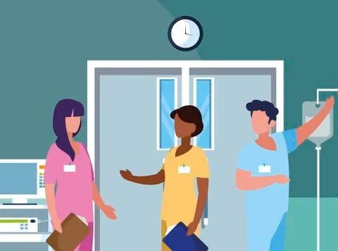 Interracial group medicine workers in operating theater Stock Illustration