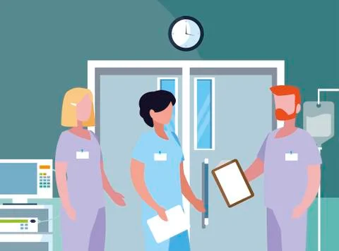 Interracial group medicine workers in operating theater Stockillustratie