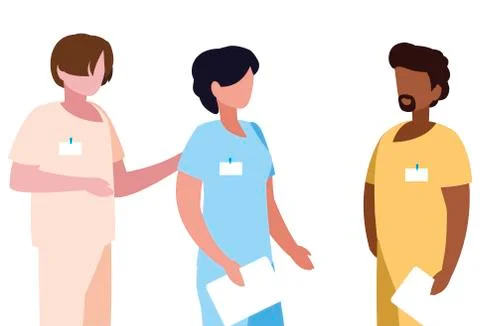 Interracial group medicine workers with uniform characters Stockillustratie