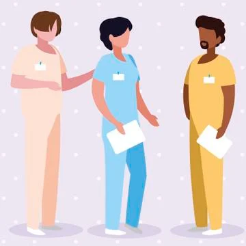 Interracial group medicine workers with uniform characters Stock Illustration