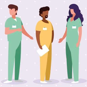 Interracial group medicine workers with uniform characters 库存插图