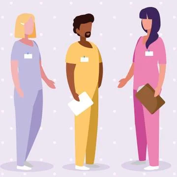 Interracial group medicine workers with uniform characters Stockillustratie