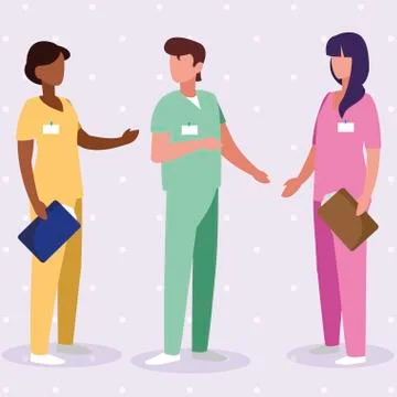 Interracial group medicine workers with uniform characters Stockillustratie