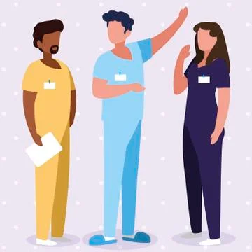 Interracial group medicine workers with uniform characters Illustrazione stock