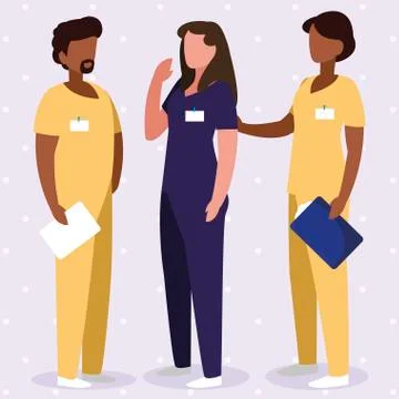 Interracial group medicine workers with uniform characters Stockillustratie