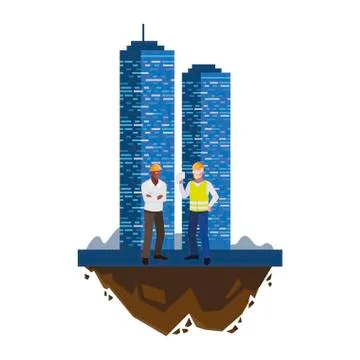 Interracial male builders constructors with building Ilustración de archivo