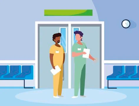 Interracial male medicine workers in elevator door イラスト素材