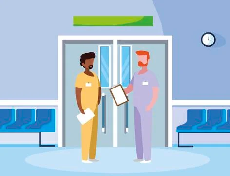 Interracial male medicine workers in elevator door Illustrazione stock