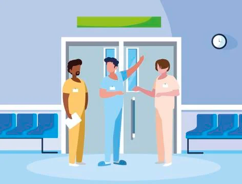 Interracial male medicine workers in elevator door Illustrazione stock