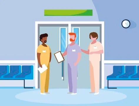 Interracial male medicine workers in elevator door Stock Illustration