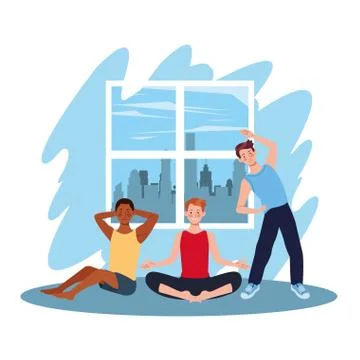 Interracial men practicing exercise in the house Stock Illustration