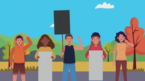Interracial People Protesting with Banner  4K Animated Video Stock Footage 305732654