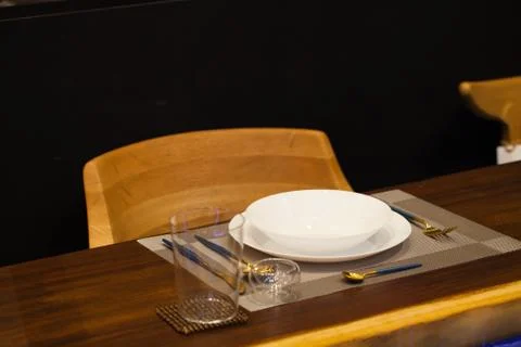 Interrior of restaurant with served table  made of wood Stock Photos