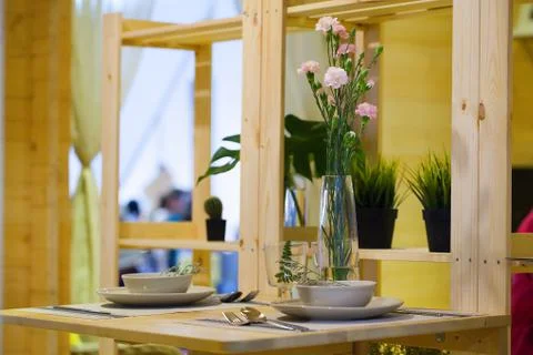 Interrior of restaurant with served table  made of wood Stock Photos