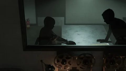 Interrogation room behind one-way mirror glass. Stock Footage 91511606