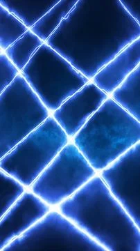 Intersecting fiery electric lines glowing over a dark blue smoky background.. Illustrazione stock