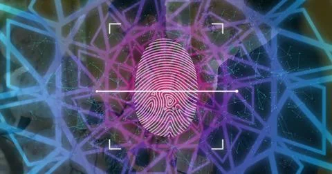 Intersecting fingerprint icon with horizontal scan line in security interface, Stock Photos