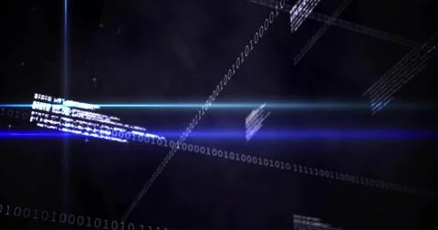 Intersecting glowing blue beam traversing digital space, with binary code Stock Illustration