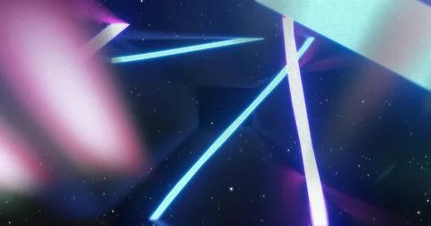 Intersecting neon light bars glowing in abstract scene, with star-like specks Stock Photos