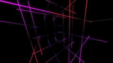 Intersecting neon lights creating vibrant geometric pattern on black backgrou Stock Photos