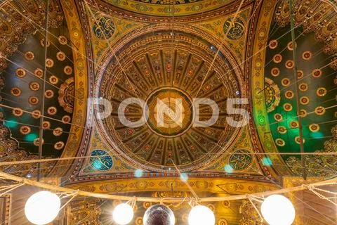 Intersection of 4 domes decorated with floral patterns, Muhammad Ali Mosque Stock Photos