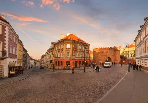 Intersection of ancient streets in the evening. Warsaw. Poland. Stock Photos
