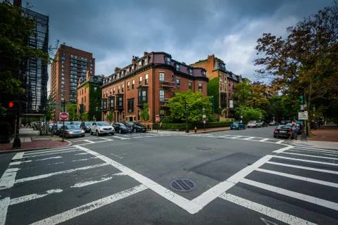 Intersection and historic buildings in Back Bay, Boston, Massachusetts. Stock Photos
