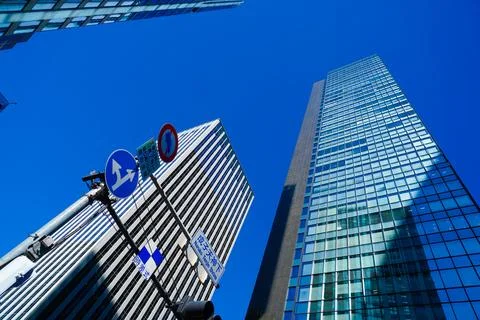 Intersection and skyscrapers Stock Photos