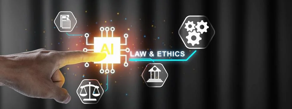 Intersection of artificial intelligence, law, and ethics, featuring a human.. Stock Photos