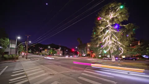 Intersection Car Traffic Night Timelapse Christmas Tree Lights Stock Footage