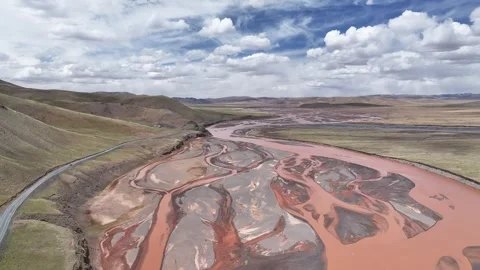Intersection of Chumar Seven Ferry and Tongtian River in Yushu,Qinghai China Stock Footage 307470623