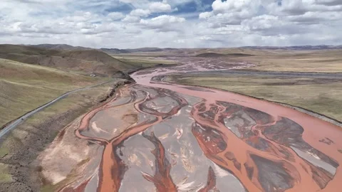 Intersection of Chumar Seven Ferry and Tongtian River in Yushu,Qinghai China Stock Footage 307470689
