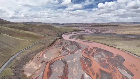 Intersection of Chumar Seven Ferry and Tongtian River in Yushu,Qinghai China Stock Footage 307470713