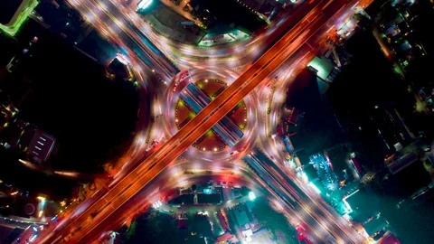 Intersection circle, Timelapse night. Aerial top down view with cars light and s Stock-Footage 119112759