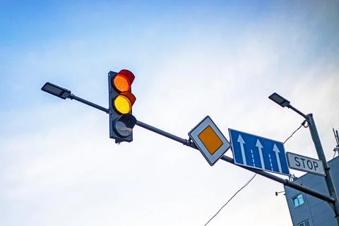 An intersection controlled by a traffic light while moving 写真素材