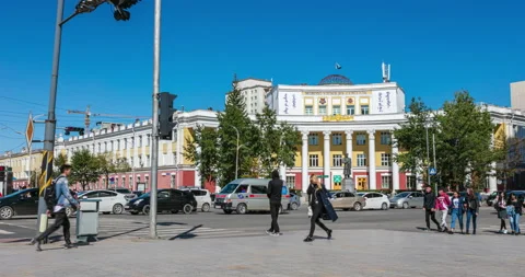 Intersection in downtown with a view of the national university of Mongolia Stock Footage 145980003