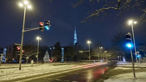 The intersection in Hannover during snowfall Stock Footage 83283571