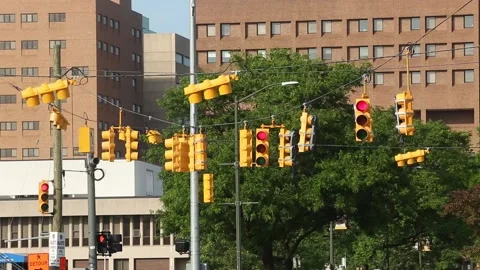 Intersection with lots of traffic lights in the middle of Detroit, Michigan, USA Stock Footage 155790523