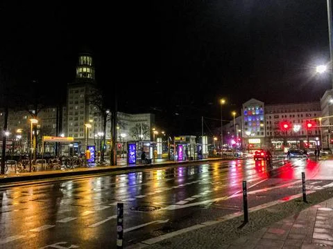  Intersection at Night Corner of Warshauwer Strasse and Karl Marx Allee du... Stock Photos