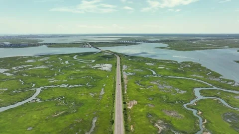 Intersection road of New Jersey between green marshland and wetland with Stock Footage 315757383