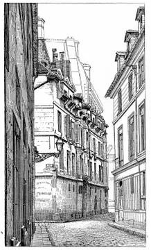 Intersection of Rue Hautefeuille and Snaking street, vintage engraving. Stock Illustration