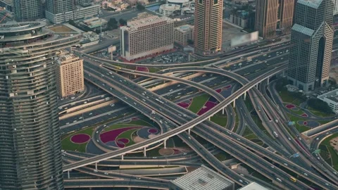 Intersection Street or Road Junction in Dubai City with Car Traffic, View from Video stock 137916225