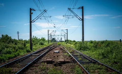 Intersection of train lines. sunny sky. Stock Photos